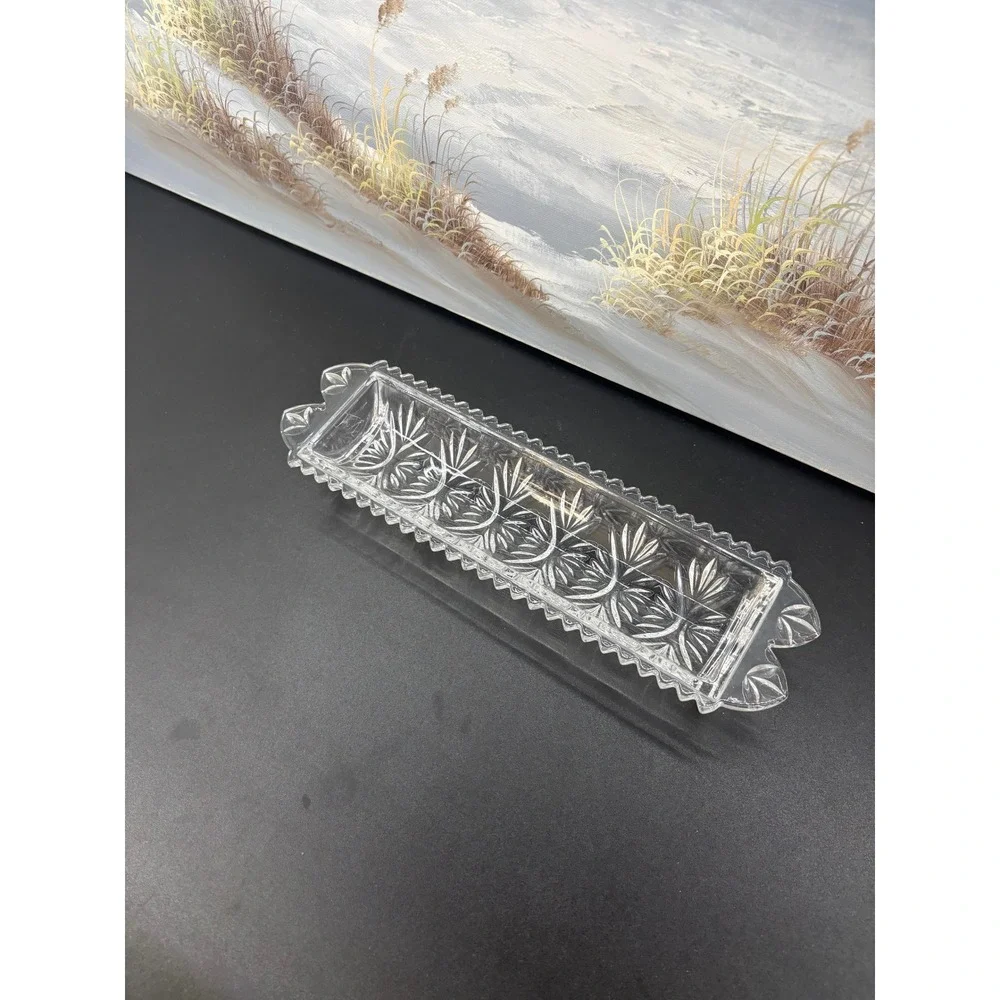 Vintage Clear Pressed Glass Celery Dish Relish Tray Starburst Sawtooth Footed